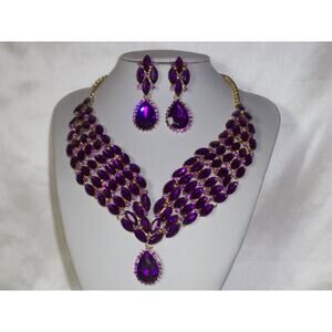 Purple rhinestone necklace set, prom party evening wedding bridal MOB necklace,